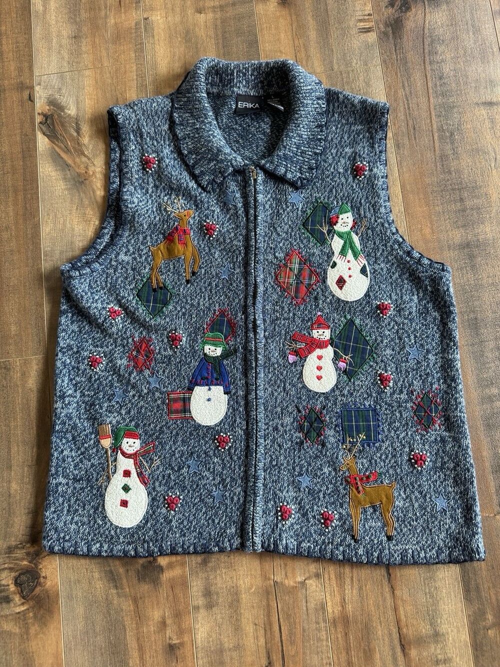 Vintage Ugly Christmas Sweater Vest Reindeer Snowman Erika Large Beaded Holiday